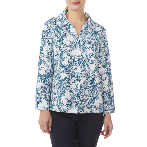 MOUSQUETON Rozan Fish Print V Neck Blouse in Abyss Blue