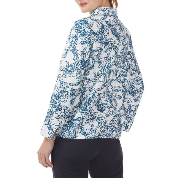 MOUSQUETON Rozan Fish Print V Neck Blouse in Abyss Blue
