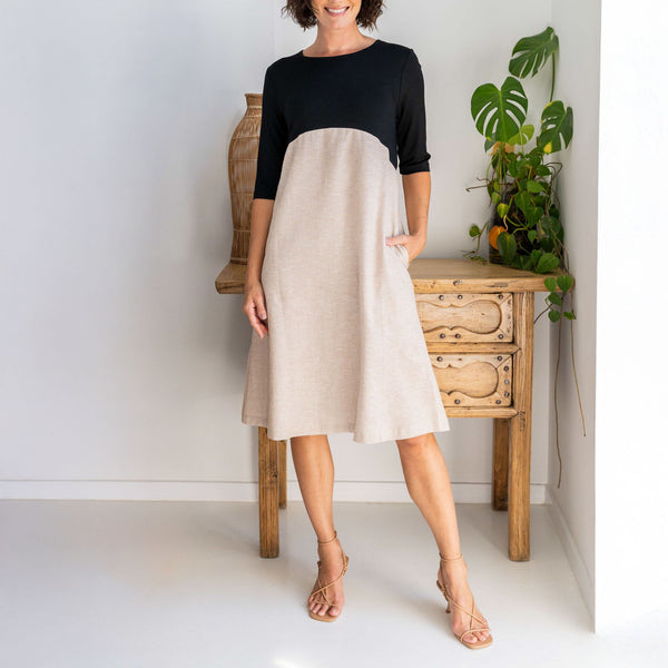 SEE SAW Elbow Sleeve Jersey Dress in Black/Natural