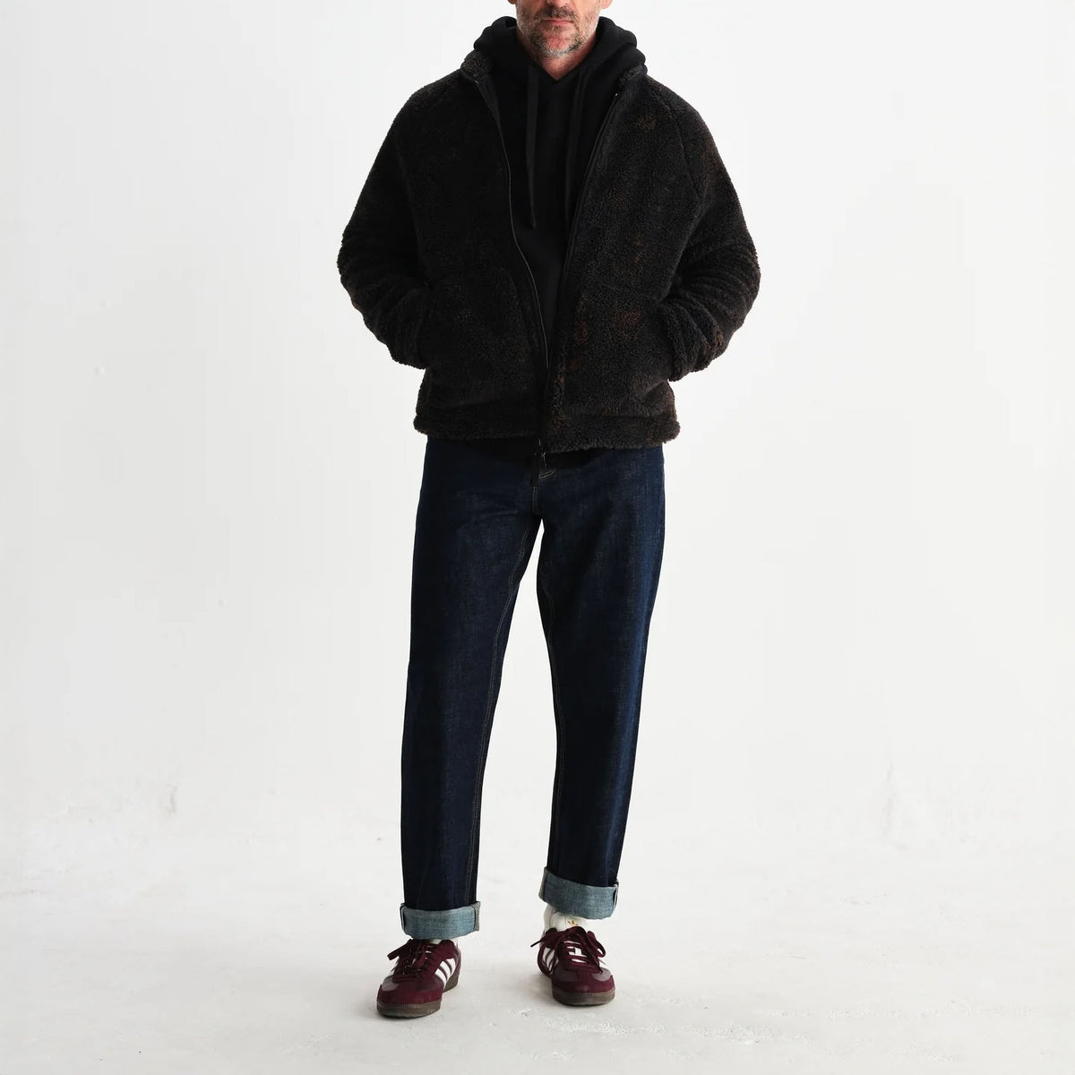 WAX LONDON Tate Paisley Jacquard Fleece Jacket in Black and Brown