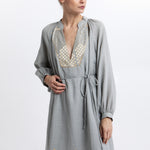 GREEK ARCHAIC KORI Long Grape Bib Collar Dress in Sky/Champagne