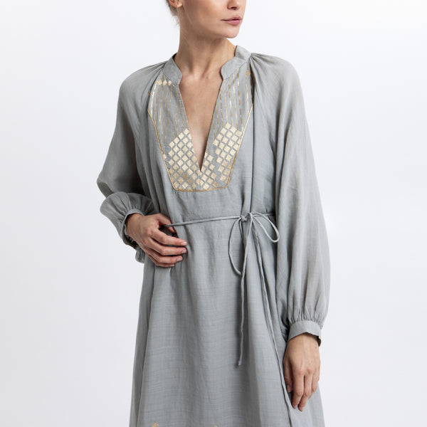 GREEK ARCHAIC KORI Long Grape Bib Collar Dress in Sky/Champagne