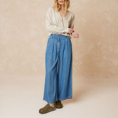 INDI & COLD Wide Leg Denim Pants in Texan