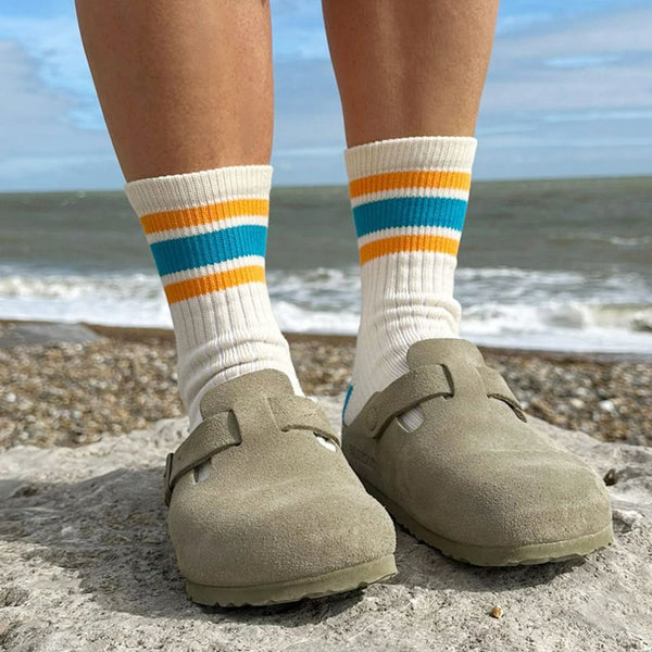 IVY ELLIS Ladies Merino Vintage Cotton Sport Socks in Ecru/Blue/Orange