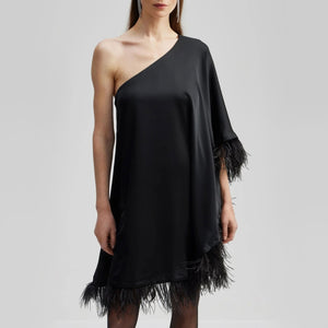 Andrea One Shoulder Feather Mini Dress in Black