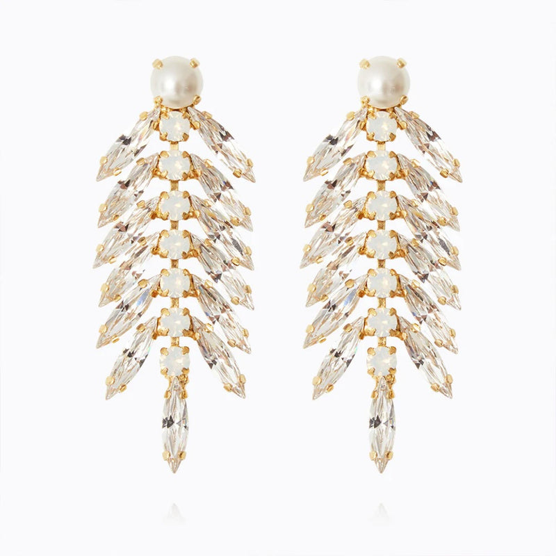 Pearl Feather Crystal Earrings in Gold