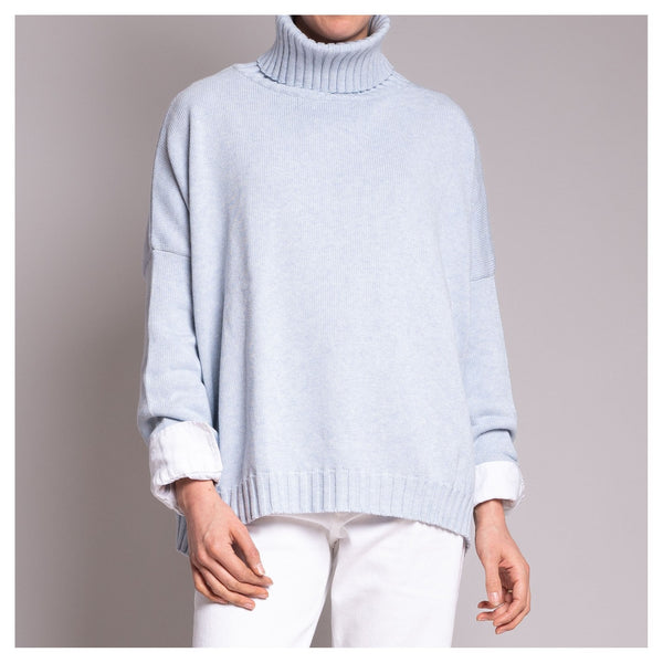 COLLEN & CLARE Zuri Cotton Roll Neck Knit in Pearl Blue Marl