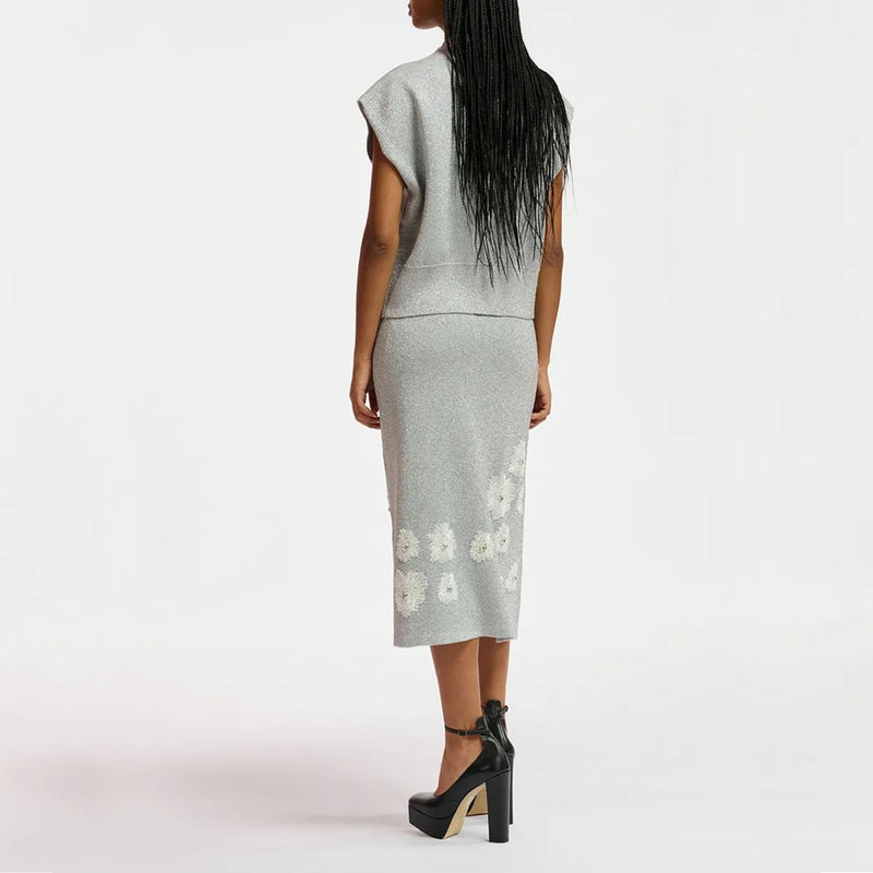 Edance Embroidered Knit Skirt in Silver/Off White