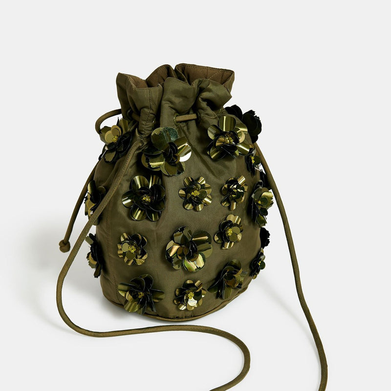 ESSENTIEL ANTWERP Encoded Embroidered Bucket Bag in Khaki
