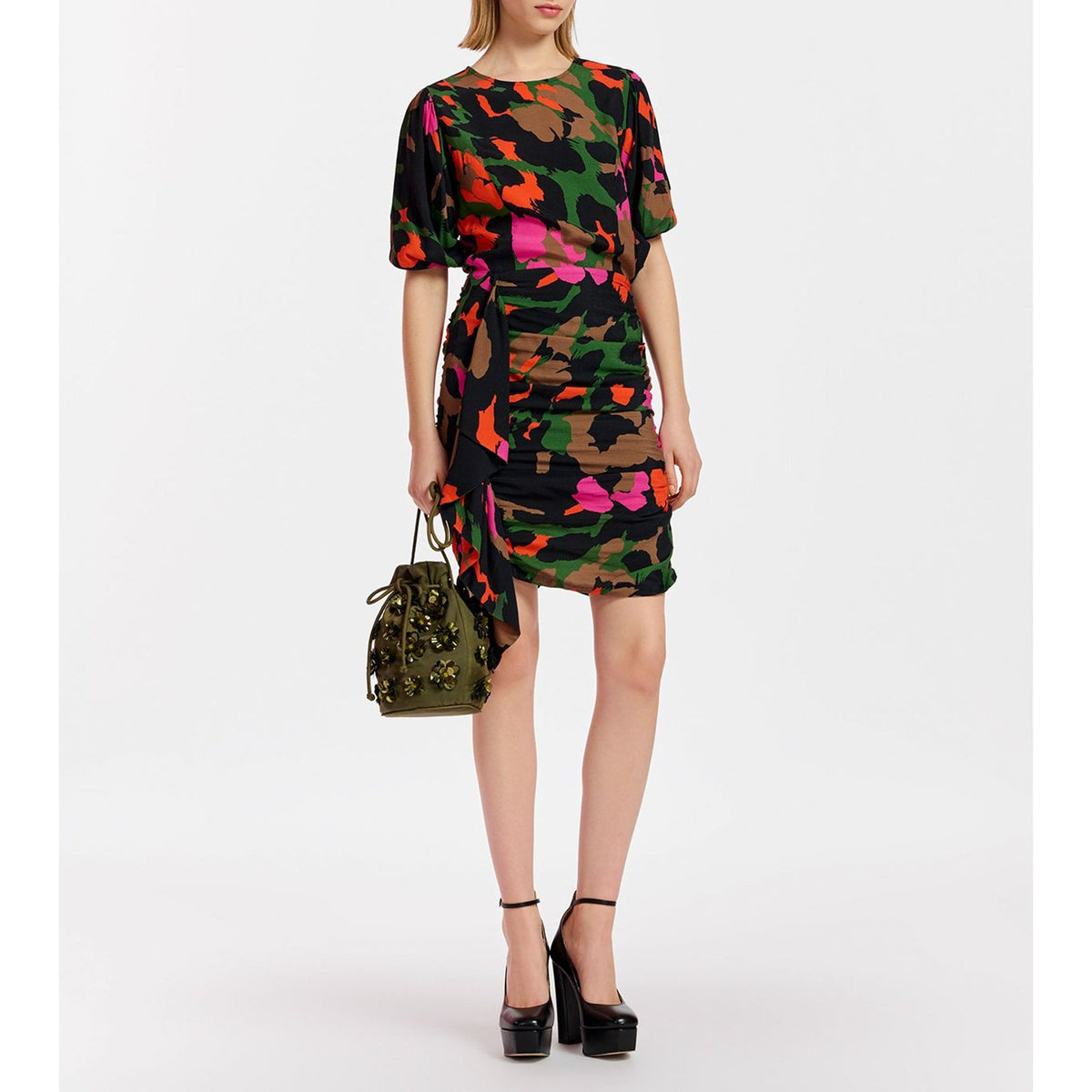ESSENTIEL ANTWERP Encoded Embroidered Bucket Bag in Khaki