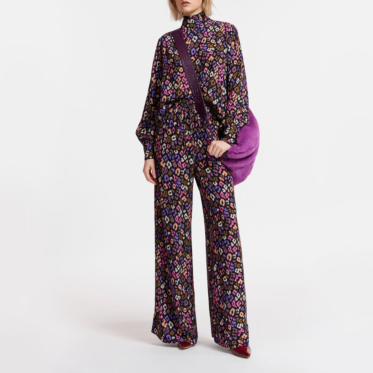 ESSENTIEL ANTWERP Extrovert Leopard Print Trousers in Black/Pink/Brown