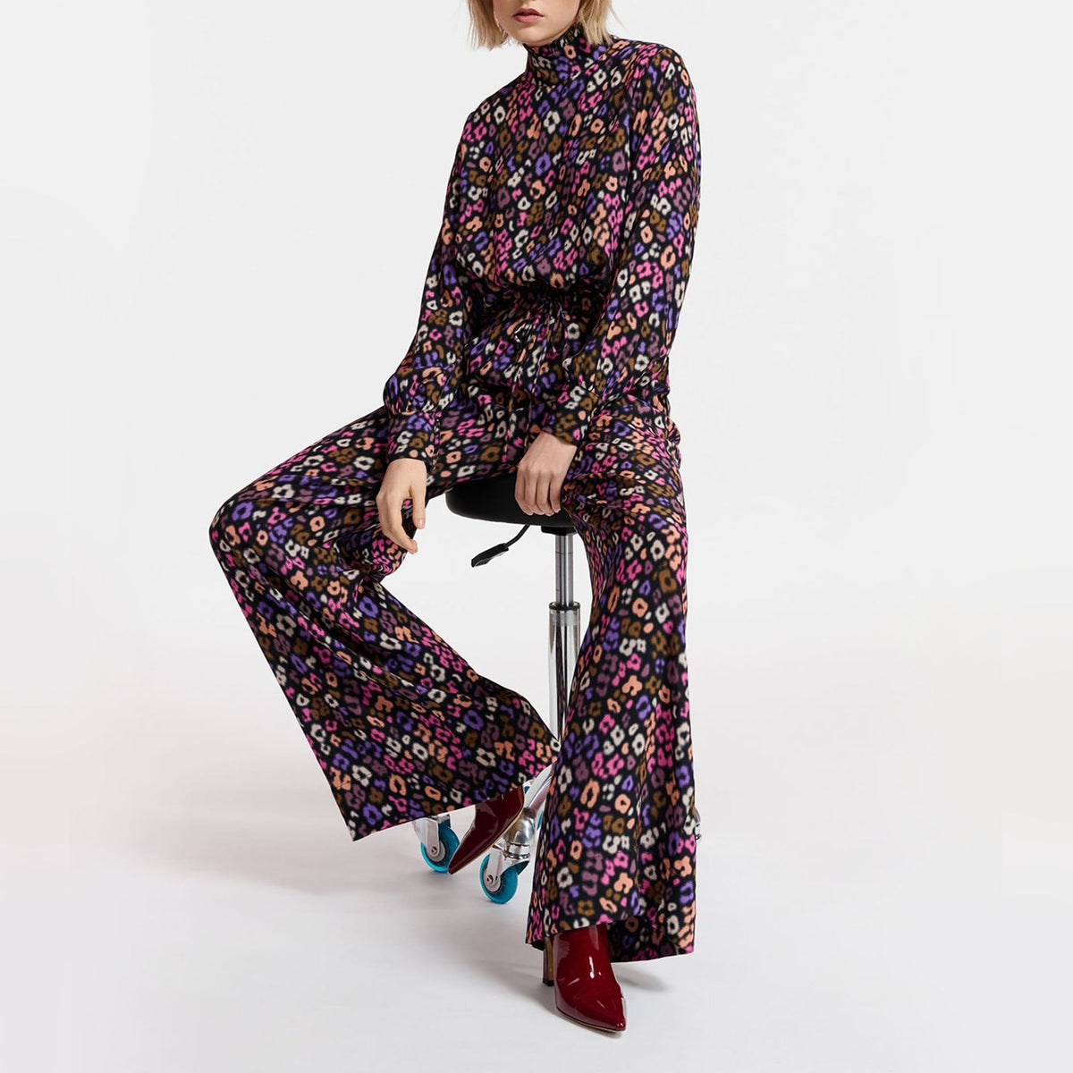ESSENTIEL ANTWERP Extrovert Leopard Print Trousers in Black/Pink/Brown