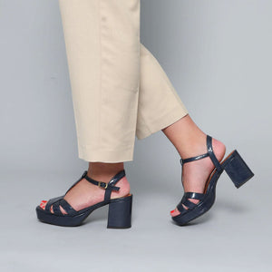 Charlie 70s T Bar Sandals in Navy Patent