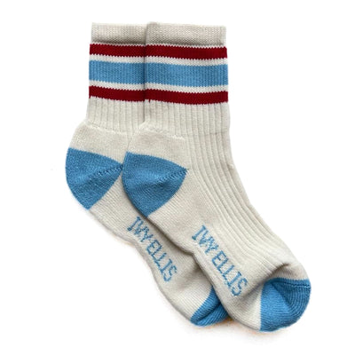 IVY ELLIS Ladies Moon Vintage Cotton Sport Socks in Ecru/Pale Blue/Red
