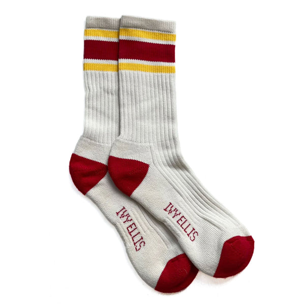 IVY ELLIS Mens Dawson Vintage Cotton Sports Socks in Ecru/Yellow/Red