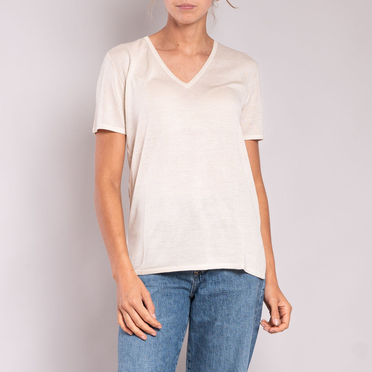 JEAN & TEMPLE Silk & Cashmere S/S T Shirt in Cream