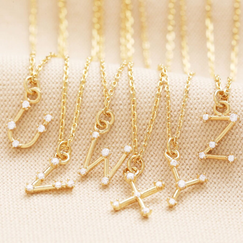 V Initial Crystal Constellation Necklace in Gold
