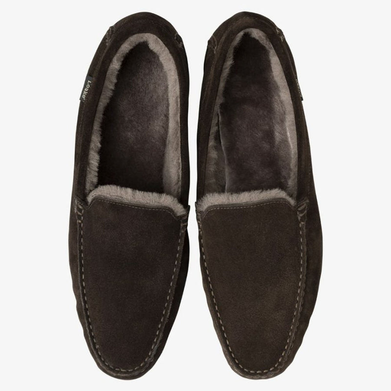 LOAKE Guards Shearling Lined Suede Slippers in Dark Brown