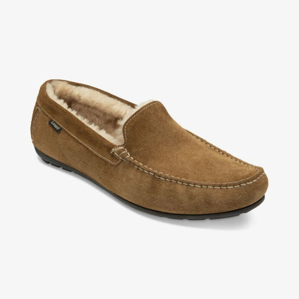 LOAKE Guards Shearling Lined Suede Slippers in Tan