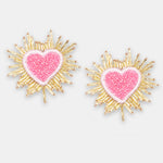 Beaded Sparkle Heart Earrings - Pink