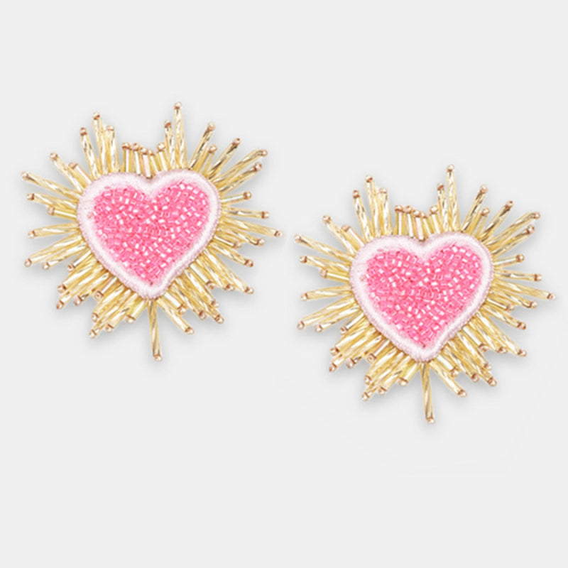 Beaded Sparkle Heart Earrings - Pink