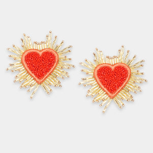 Sparkle Heart Beaded Earrings - Red