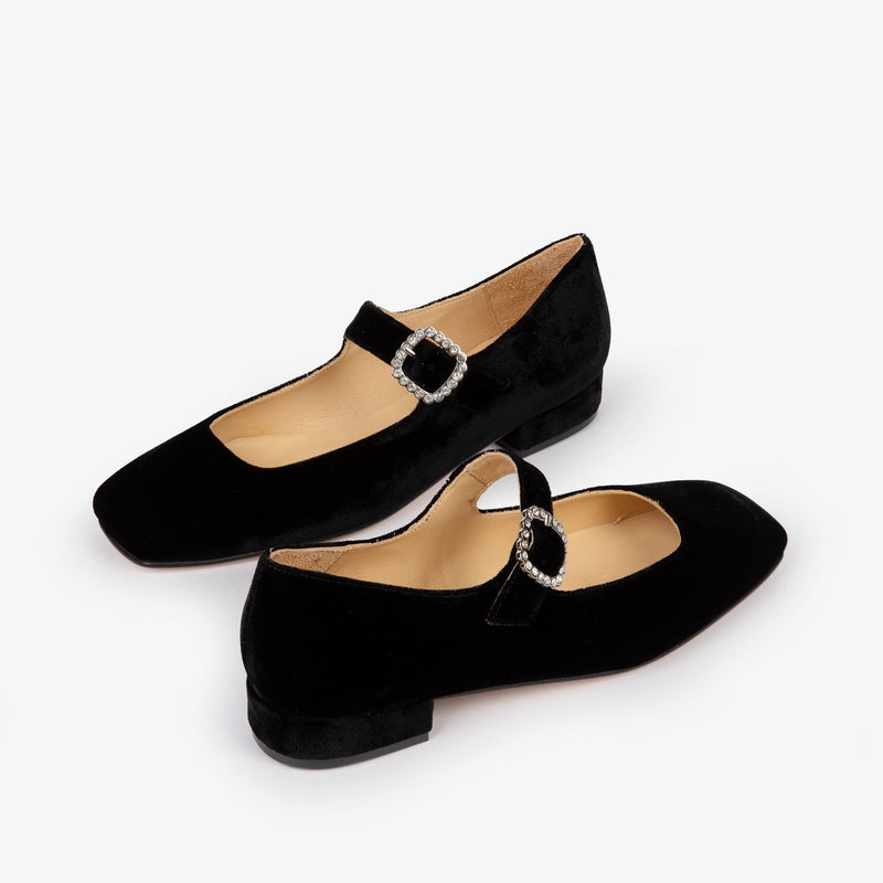 Low Mary Jane Diamante Velvet Shoes in Black