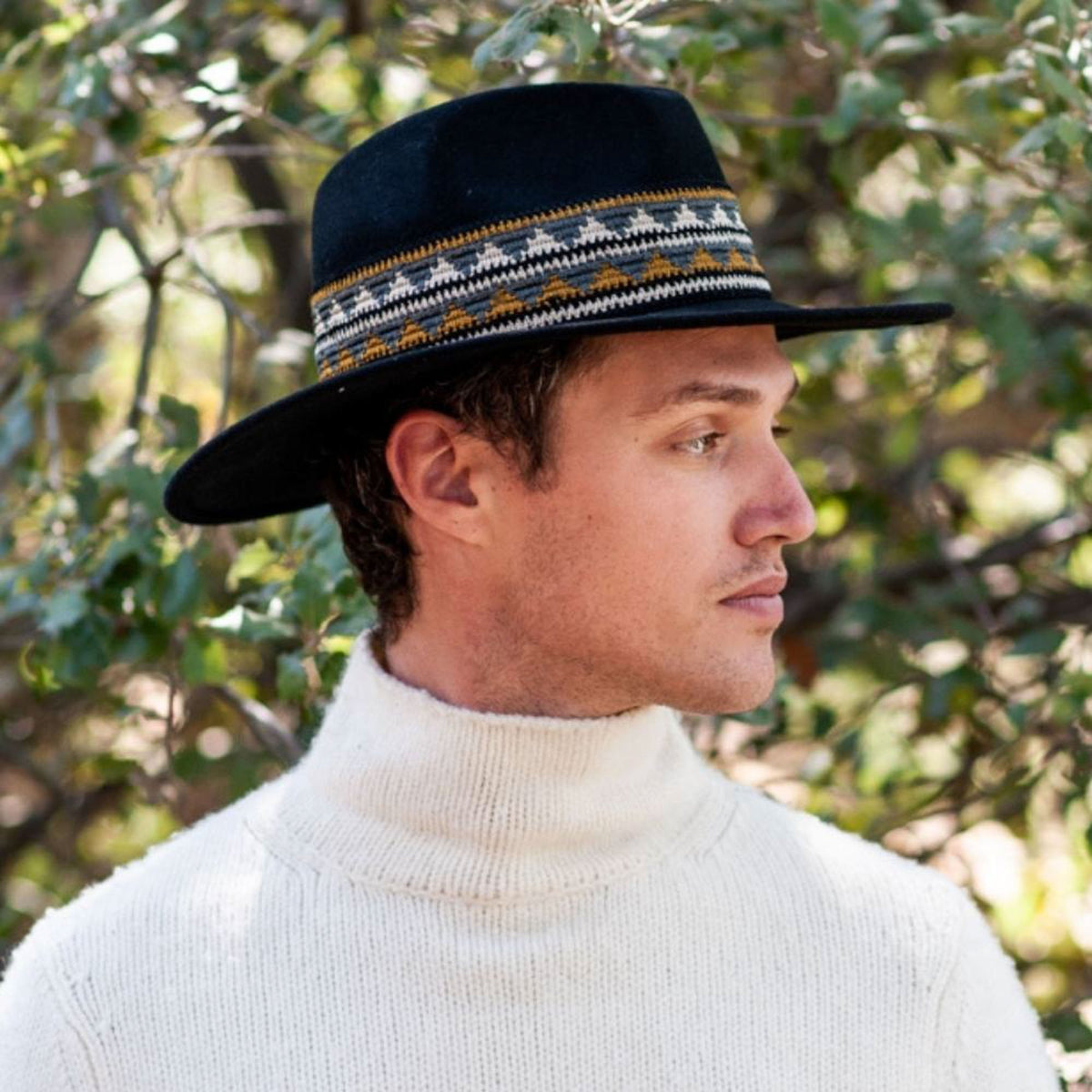 TRAVAUX EN COURS Fedora Wide Brim Hat with Woven Band in Black